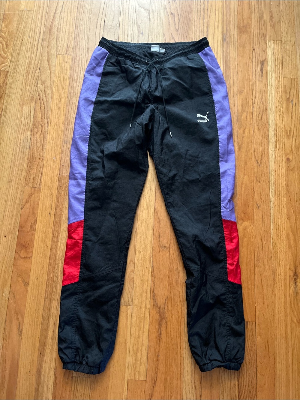 Puma Black Track Pants with Purple and Red Side Panels 80s-style size medium